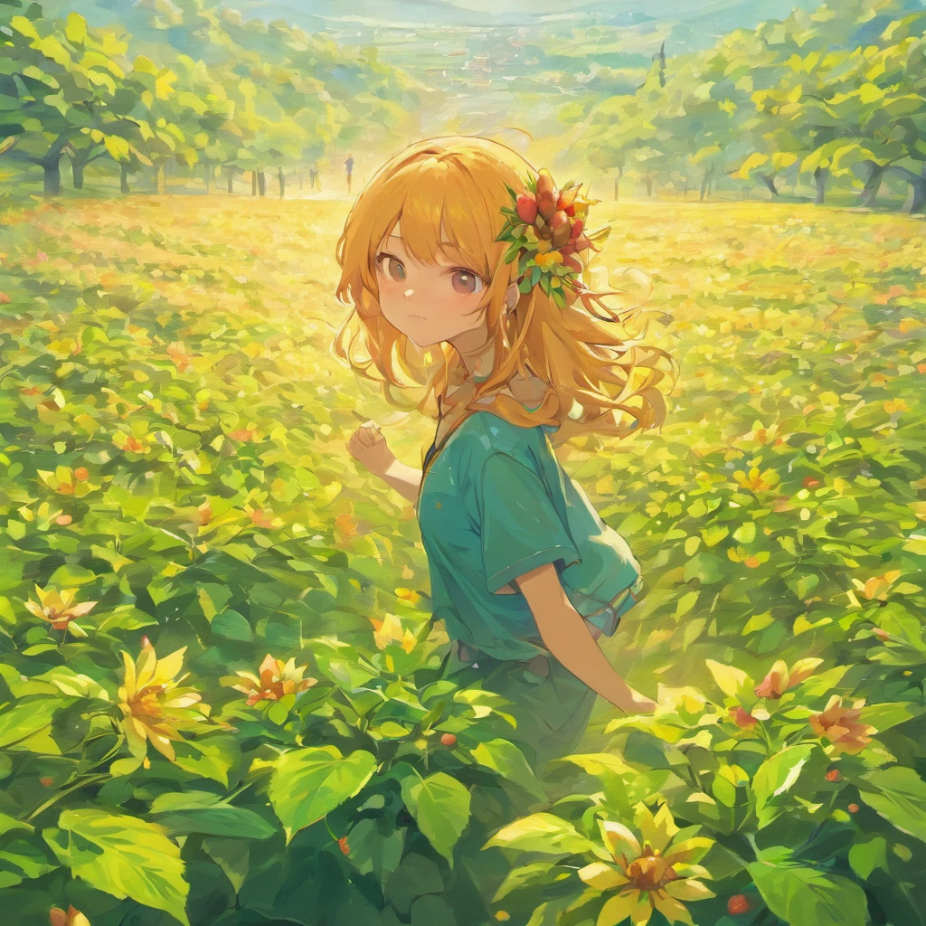 (ultra-fine painting, HDR),illustration,digital art,strawberry field,view from drone shot, colorful fruits and flowers,bright sunlight, contrasting colors, birds-eye perspective, detailed leaves and petals, vibrant and lively scenery, soft and dreamy atmosphere, professional artwork.