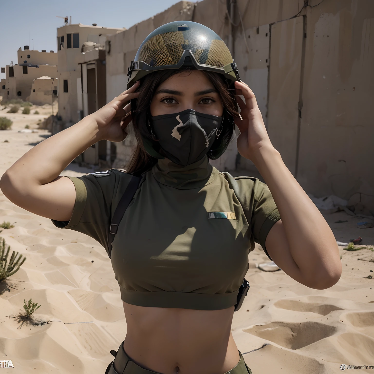 Mature milf 60 years old military special force in hijab, face of syafiqah aina, wrinkled facial complexion, wearing bikini thong micro bra, exposing busty dropy breasts, very wet shiny skin oily cleavage and armpit, showing off her armpit, masterpiece, best quality, beautiful perfect body, wearing thight-fit cotton desert camo pants, thong string exposed on her waist, full body camera shot, wearing long boots, sexy pose,carrying pistol gun strapped on her thigh, holding a sniper rifle, desert setting background