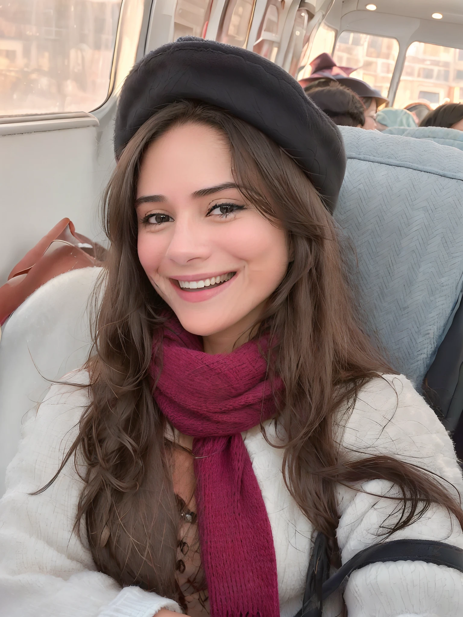 Smiling woman in a hat and scarf on a bus, usando uma boina francesa, Alanis Guillen, muito ligeiramente sorridente, sentou-se no trem aile, with a happy expression, imagem de qualidade muito baixa, foto de perfil headshot, muito bobo olhando, ligeiramente sorridente, she is smiling and excited, it's wearing a cute little hat, Wearing a cute hat and with Stitch's character