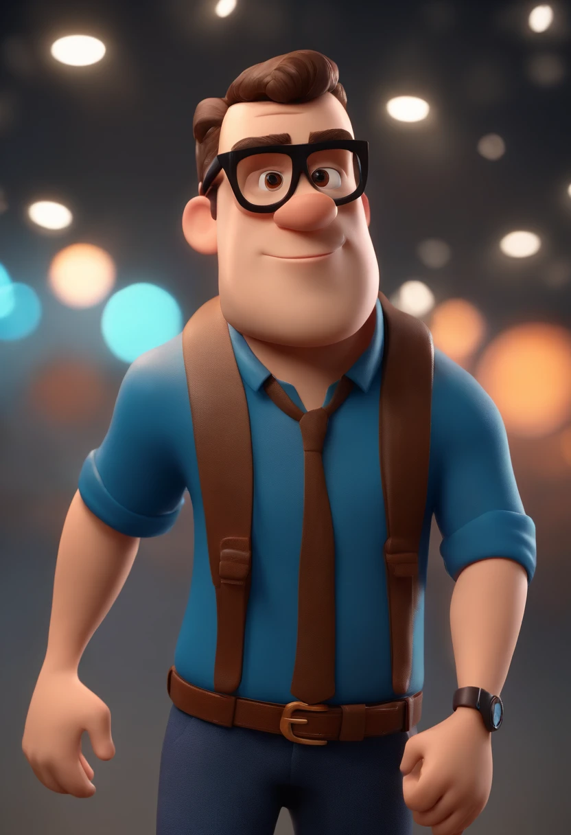 Cartoon character of a man wearing black glasses and a blue shirt, um personagem animado, Caractere estilizado, animation style rendering, 3D estilizado, Arnold Maya render, 3 d render stylized, toon render keyshot, Personagem 3D, Personagem 3D, 3d rendering stylized, 3 d character render, personagem de desenho animado, Personagem de close up, Pose de personagem, (Estilo Pixar) (master part:1.2) (Bokeh) (best quality) (pele detalhada) (textura detalhada) (8k) (argila) (Cinematic lighting) (foco nítido,Senta e vaza a parte superior do corpo