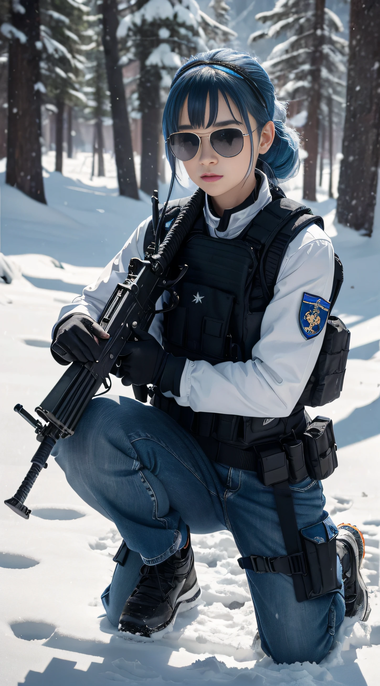 ((Best quality)), (Masterpiece), Photorealistic, Photorealism, A girl kneels and aims with an AK-47 assault rifle, Photorealistic, high resolution,Snow background, looking to the camera, (Detailed face), Blue hair, SWAT vests, Gun, jewelry,Black gloves, sunglasses on head, Fingers are occluded