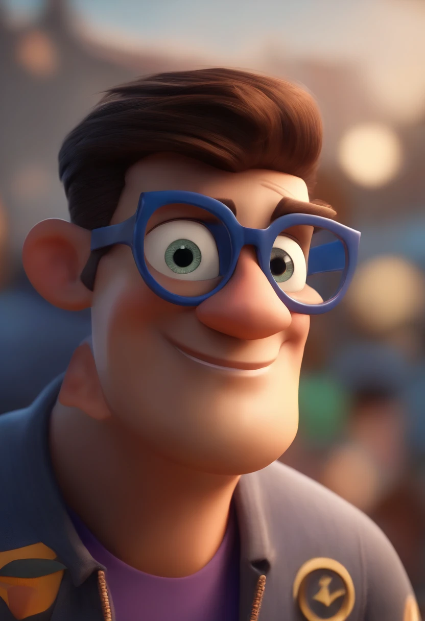 Cartoon character of a man wearing black glasses and a blue shirt, um personagem animado, Caractere estilizado, animation style rendering, 3D estilizado, Arnold Maya render, 3 d render stylized, toon render keyshot, Personagem 3D, Personagem 3D, 3d rendering stylized, 3 d character render, personagem de desenho animado, Personagem de close up, Pose de personagem, (Estilo Pixar) (master part:1.2) (Bokeh) (best quality) (pele detalhada) (textura detalhada) (8k) (argila) (Cinematic lighting) (foco nítido，Senta e vaza a parte superior do corpo