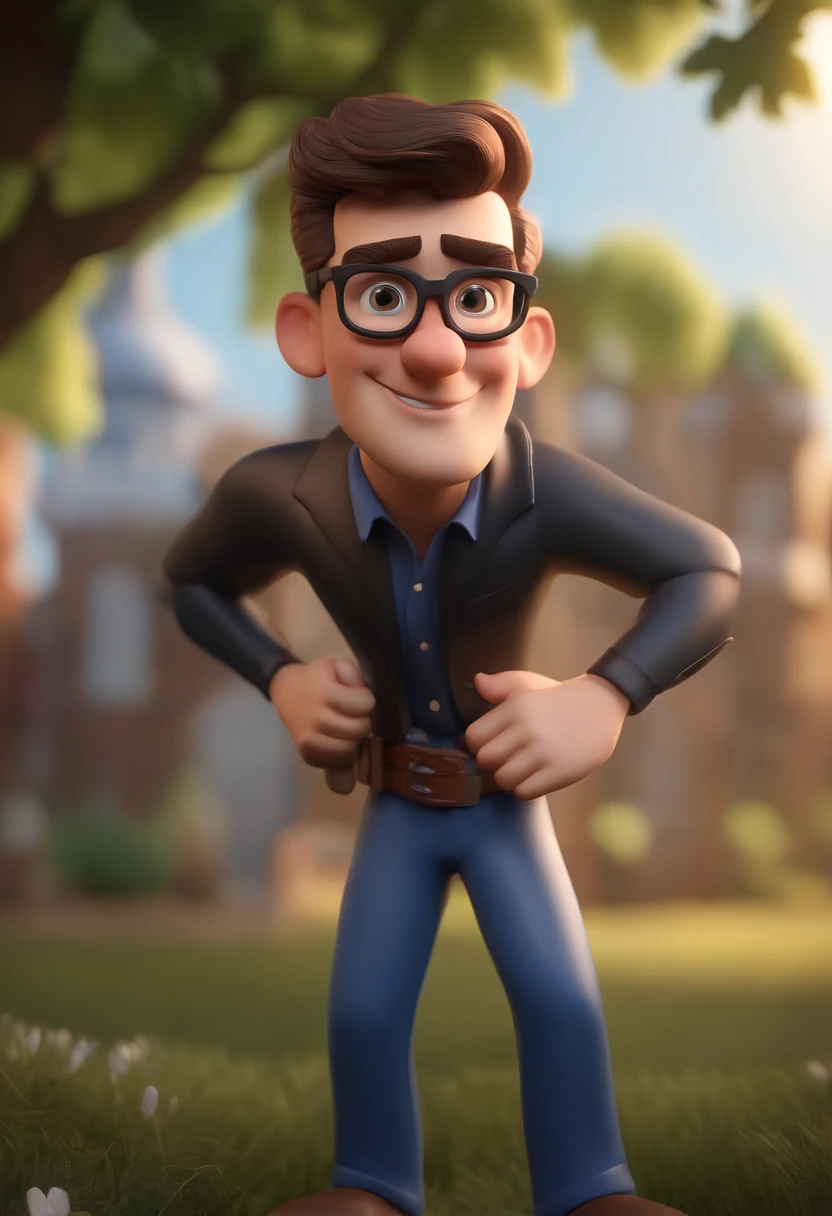 Cartoon character of a man wearing black glasses and a blue shirt, um personagem animado, Caractere estilizado, animation style rendering, 3D estilizado, Arnold Maya render, 3 d render stylized, toon render keyshot, Personagem 3D, Personagem 3D, 3d rendering stylized, 3 d character render, personagem de desenho animado, Personagem de close up, Pose de personagem, (Estilo Pixar) (master part:1.2) (Bokeh) (best quality) (pele detalhada) (textura detalhada) (8k) (argila) (Cinematic lighting) (foco nítido,Senta e vaza a parte superior do corpo