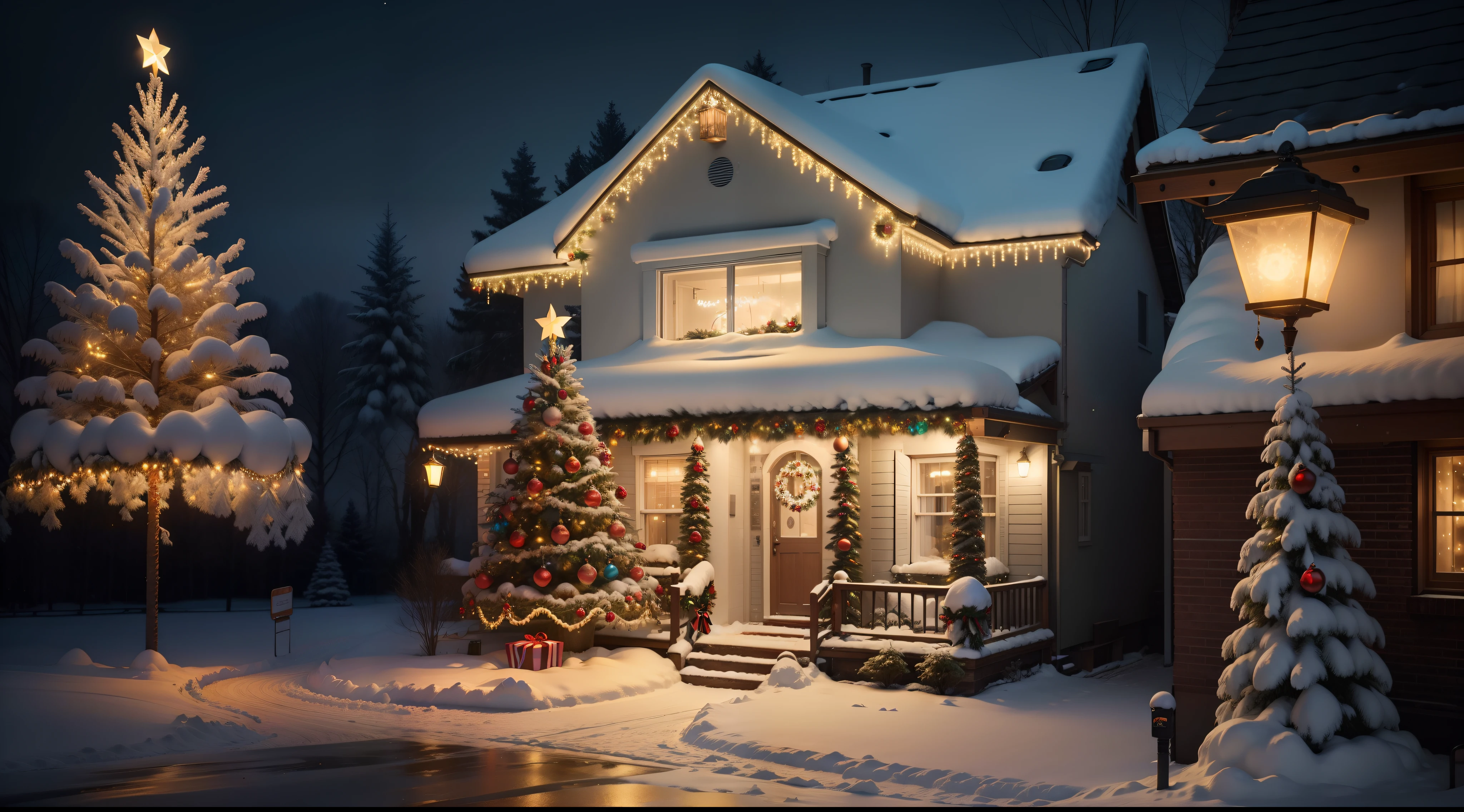 Best quality，True exposure，Ray traching，Excellent image quality，Christmas，Christmas tree，pompon，bell，Luminous colored light bar，outside，Chilling，Christmas decorations are hung on the wall，snowflower，White mist，A sense of mystery