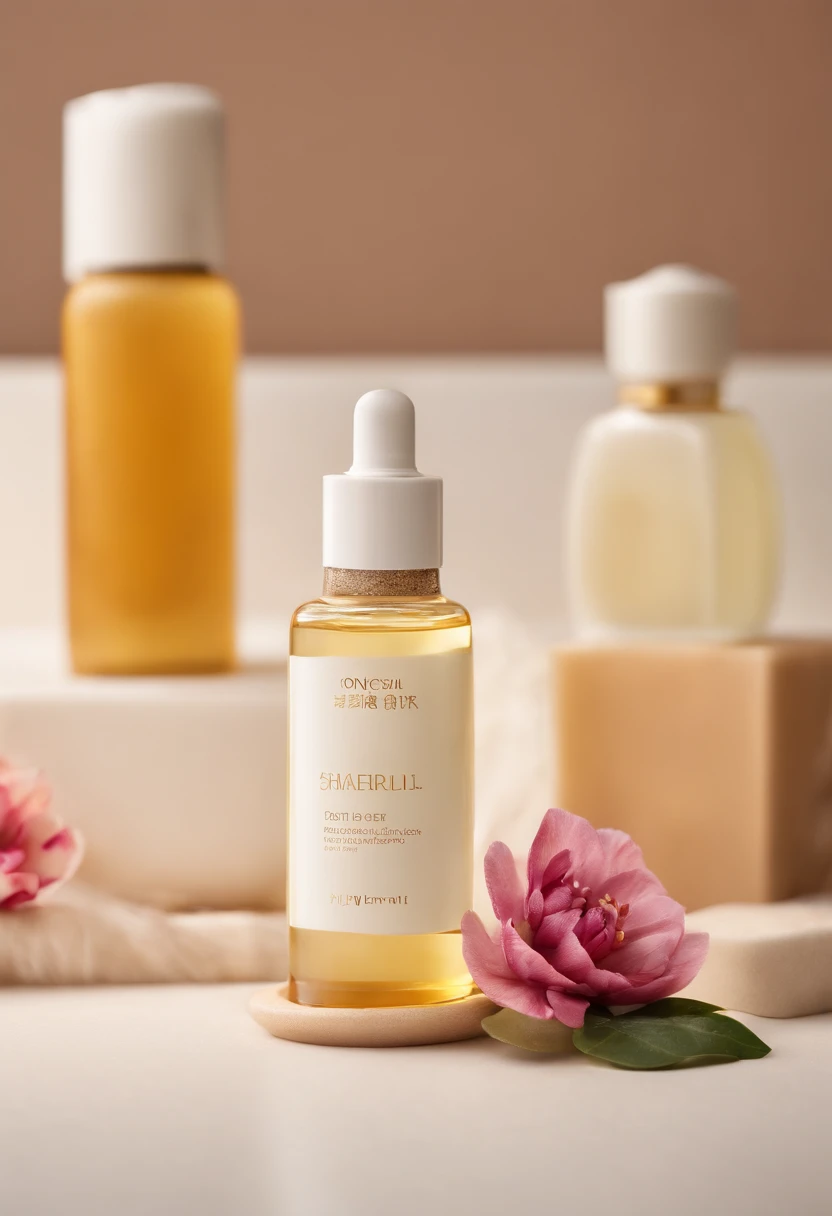 (Best quality,4K,8K,A high resolution,Masterpiece:1.2),Ultra-detailed,(Realistic,Photorealistic,photo-realistic:1.37),One bottle(huangjisoo)Close-up of cleansing oil and selected flowers, Clean face and body skin, Skincare, skin care, Take a picture of your skincare brand, Product photography, professional product shot, products shot, products shot, product display photograph, professional product photo, products shot, Minimalist design, photo product, natural skin tones, Clean gloss, natural skin tones, miniature product photo