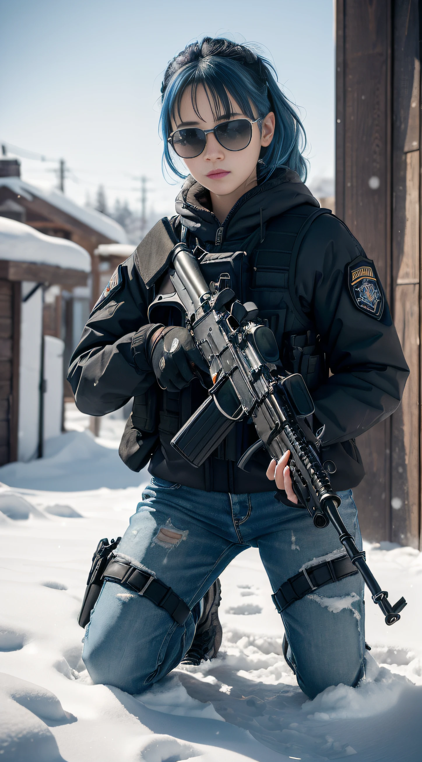 ((Best quality)), (Masterpiece), Photorealistic, Photorealism, A girl kneels and aims with an AK-47 assault rifle, Photorealistic, high resolution,Snow background, looking to the camera, (Detailed face), Blue hair, SWAT vests, Gun, jewelry，Black gloves, sunglasses on head, Fingers are occluded