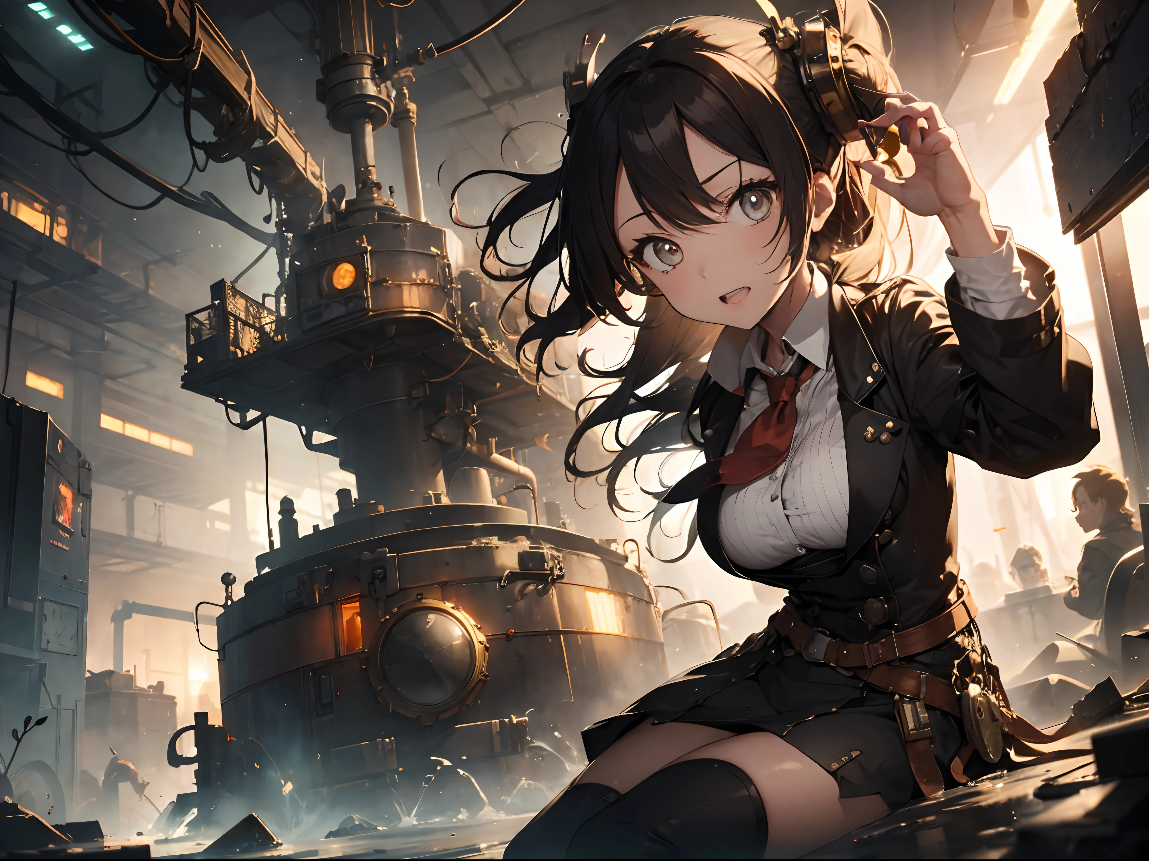 Mad scientist a chemical mixture, in a steampunk setting with chemical capsules in the background, splash arts, digital art, toxic