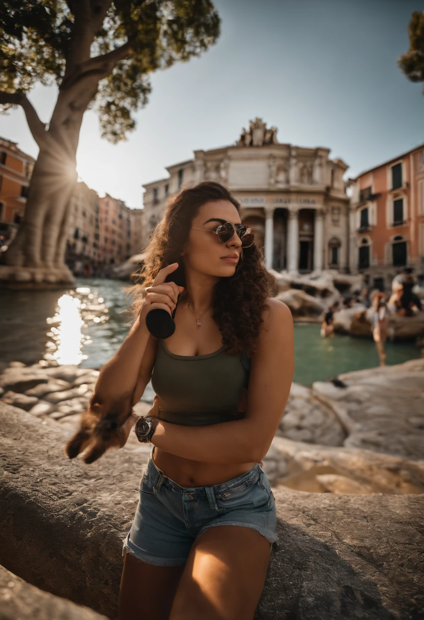 1 menina jovem, pequena, cabelos ruivos, fofinha, delicada, tirando uma selfie na fontana de trevi, fisheye, 4k, realismo, fotografia, vestida toda de preto com um tenis branco da adidas e ao seu lado tem um cachorro preto de pelo curto que esta sentado e de coleira vermelha que esta escrito "amora"