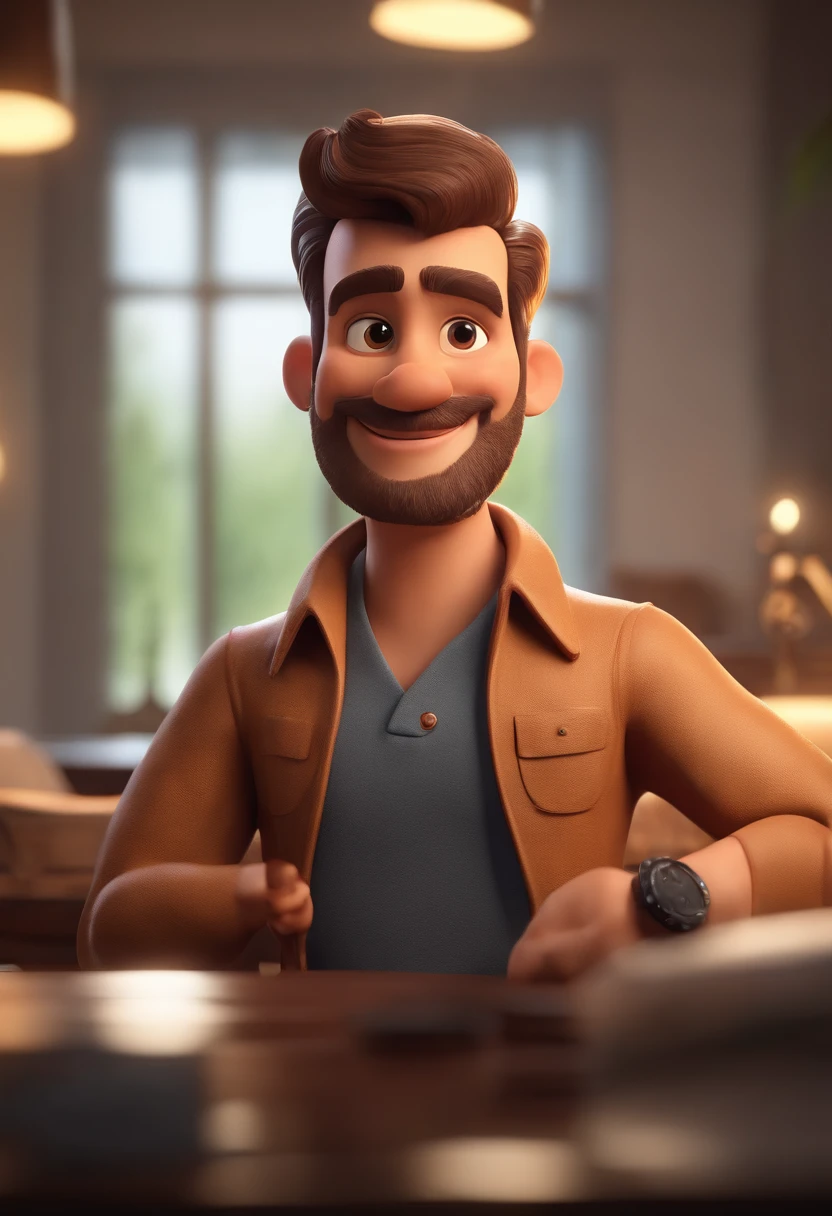 Personagem de desenho animado de um homem gordo e uma camisa polo preta, cabelo liso, With beard animation character, Caractere estilizado, animation style rendering, 3D estilizado, Arnold Maya render, 3 d render stylized, toon render keyshot, Personagem 3D, Personagem 3D, 3d rendering stylized, 3 d character render, personagem de desenho animado, Personagem de close up, Pose de personagem, (Estilo Pixar) (master part:1.2) (Bokeh) (best quality) (pele detalhada) (textura detalhada) (8k) (argila) (Cinematic lighting) (foco nítido
