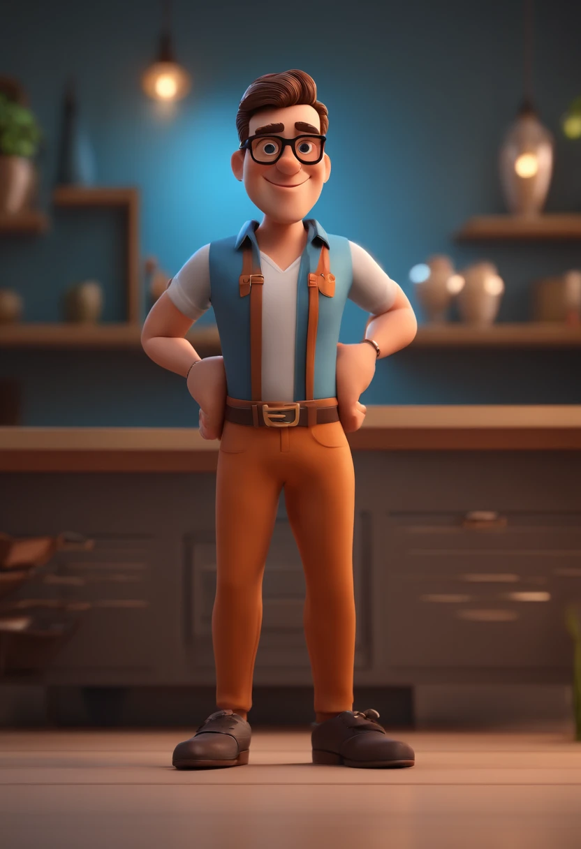 Cartoon character of a man with black glasses and a blue shirt, animation character, Caractere estilizado, animation style rendering, 3D estilizado, Arnold Maya render, 3 d render stylized, toon render keyshot, Personagem 3D, Personagem 3D, 3d rendering stylized, 3 d character render, personagem de desenho animado, Personagem de close up, Pose de personagem,  (Estilo Pixar) (master part:1.2) (Bokeh) (best quality) (pele detalhada) (textura detalhada) (8k) (argila) (Cinematic lighting) (foco nítido