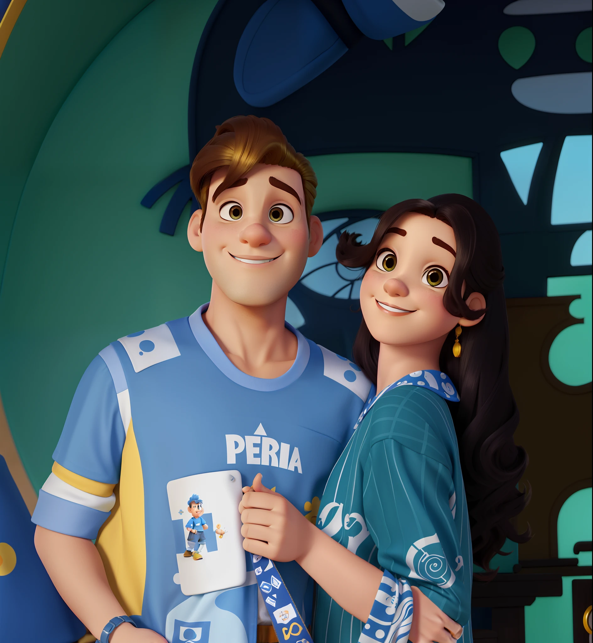 casal homem (cabelo amarelo) e mulher (cabelo escuro) no estilo Disney Pixar, alta qualidade, melhor qualidade