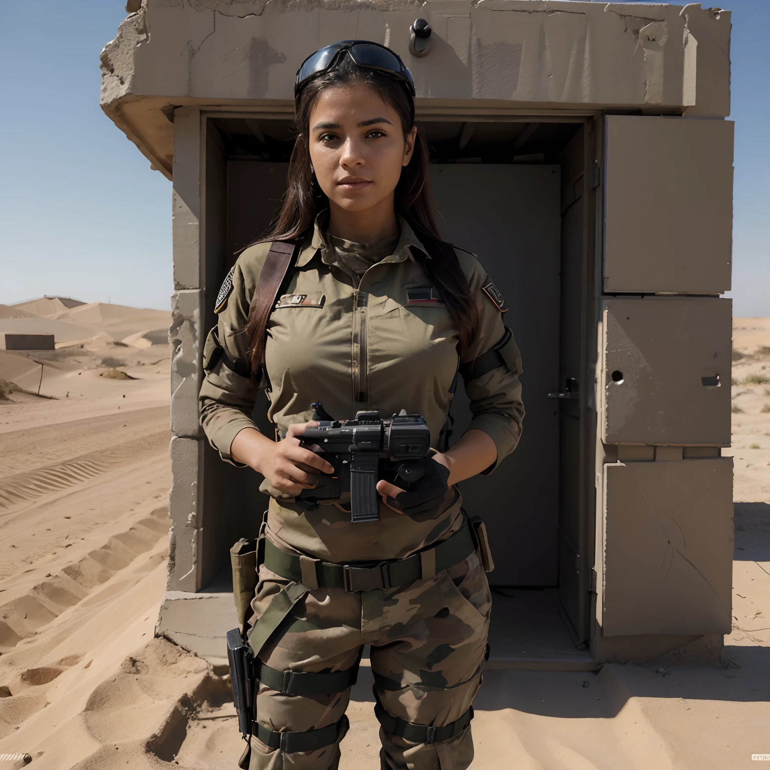 Cuerpo completo. 24-year-old female Israeli soldier in Gaza Strip looking for enemies dressed in military infantry uniform with desert camouflage, He carries a Galill rifle and helmet characteristic of the Israeli armed forces, gran angular, octanaje renderizado, iluminacion volumetrica, golden ratio, ultra detallado, detalles intricados, imagen en 3D, resolucion 64K. Photo Style Lens 50mm, apertura F 2.5. Sugerencias: Borroso, mala anatomia, malas proporciones, mal arte, mal dibujado, cara mal dibujada, mutado, mutilador, morbid, extremidades perdidas, extremidades flotantes, extremidades extras, extremidades fusionada, fuera de foco, fuera de cuadro, low res, carton, plastic