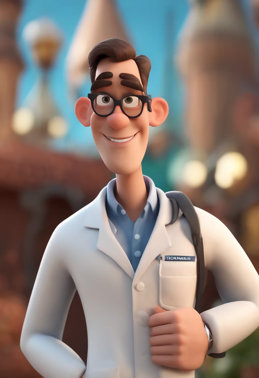 Cartoon character of a man wearing black glasses and a blue shirt, um personagem animado, Caractere estilizado, animation style rendering, 3D estilizado, Arnold Maya render, 3 d render stylized, toon render keyshot, Personagem 3D, Personagem 3D, 3d rendering stylized, 3 d character render, personagem de desenho animado, Personagem de close up, Pose de personagem, (Estilo Pixar) (master part:1.2) (Bokeh) (best quality) (pele detalhada) (textura detalhada) (8k) (argila) (Cinematic lighting) (foco nítido,Senta e vaza a parte superior do corpo, Urologist, Giant middle finger, Consulting Behind