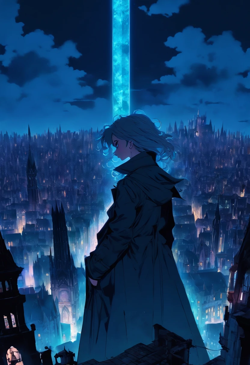 Create an epic illustration in a 80s vintage anime style of a girl wearing a trench coat standing with her back to the viewer on top of a building overlooking a city merged with an enormous old Gothic cathedral filled with towers. The cityscape extends to the horizon and features a blend of towering Gothic structures and skyscrapers. 80's vintage anime, gothic horror, gotham cemetery a city with deep blue sky, gray towers, gothic setting, dark fantasy, dark, anime, beauty, perfection, love, gray, grey, silver, epic.