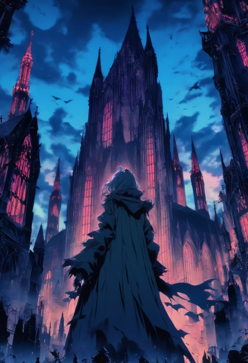Create an epic illustration in a 80s vintage anime style of a girl wearing a trench coat standing with her back to the viewer on top of a building overlooking a city merged with an enormous old Gothic cathedral filled with towers. The cityscape extends to the horizon and features a blend of towering Gothic structures and skyscrapers. 80's vintage anime, gothic horror, gotham cemetery a city with deep blue sky, gray towers, gothic setting, dark fantasy, dark, anime, beauty, perfection, love, gray, grey, silver, epic.