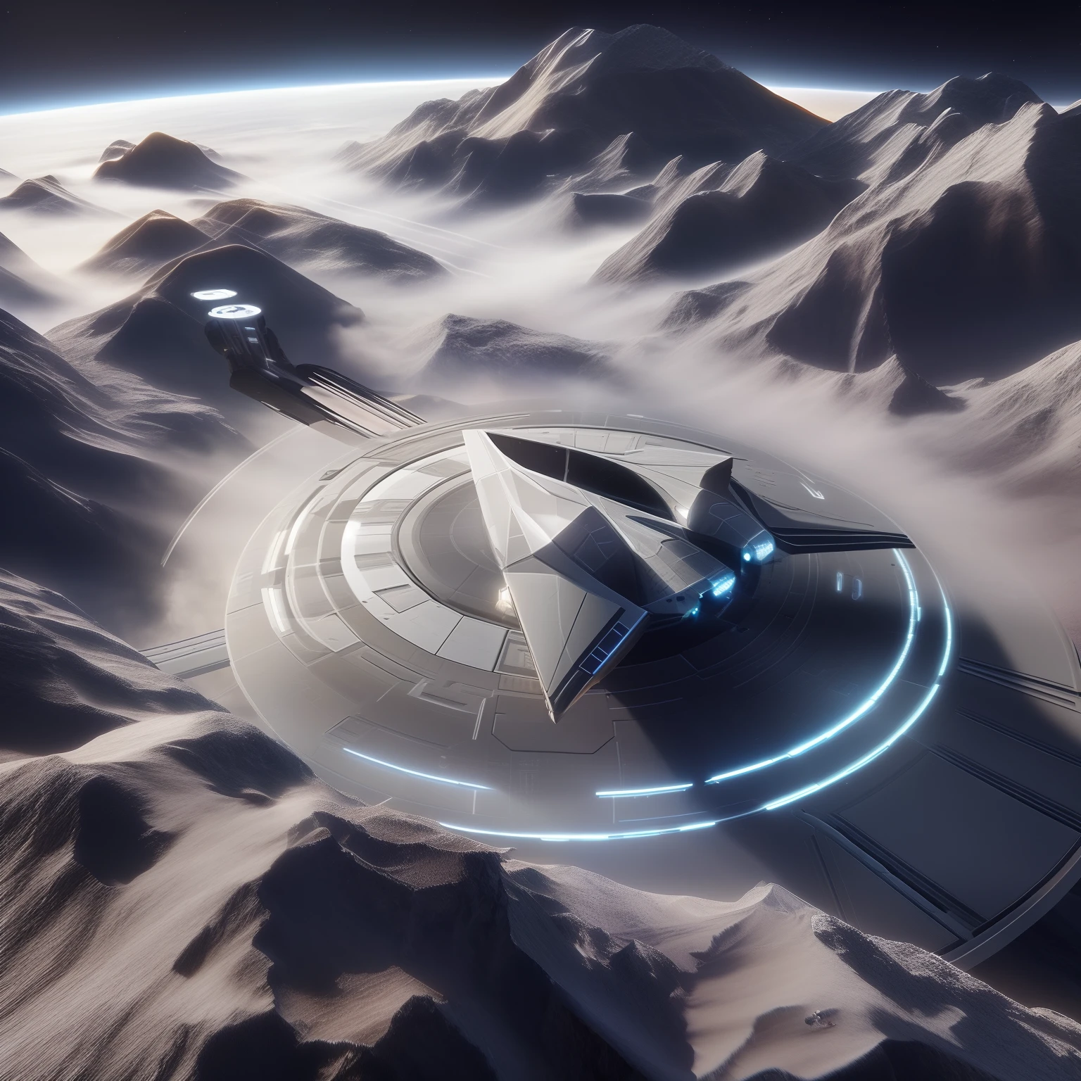 spaceship flying over a mountain with a futuristic spaceship in the background, futuristic base, star citizen halo, aurora spaceship environment, star citizen origin 100i, futuristic space port, space ship above an island, 8 k high detail concept art, star citizen digital art, star citizen, futuristic setting, scifi base, 3 d render of a scifi spaceport