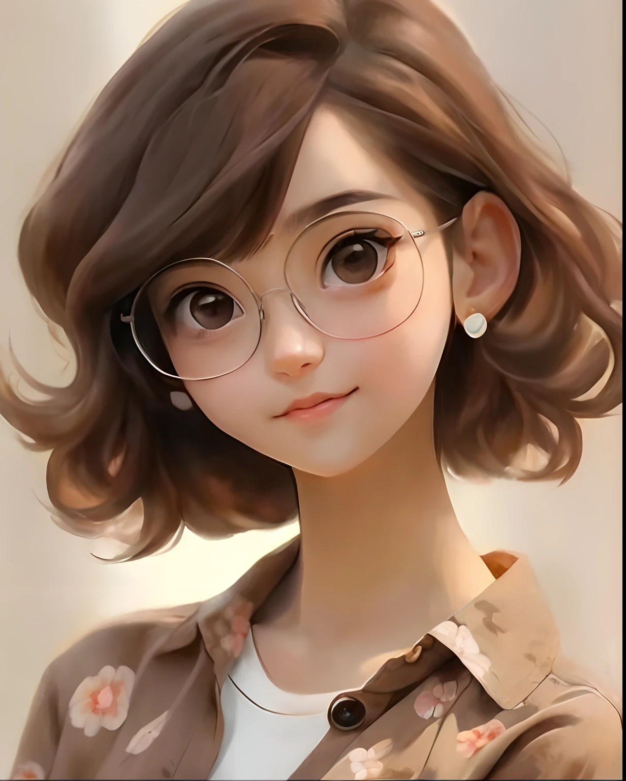 Close-up of a woman wearing glasses and a brown shirt, Realistic cute girl painting, Kawaii realistic portrait, lovely digital painting, Realistic anime 3 D style, Guviz-style artwork, anime realism style, short brown hair and large eyes, Girl with glasses, a beautiful anime portrait, Realistic anime art style, Cute anime girl portrait, Realistic young anime girl