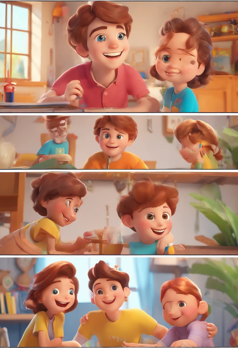 (best quality,4k,8k,highres,masterpiece:1.2),ultra-detailed,realistic:1.37,Pixar style,Familia,A father,A mother,2 boys,14 years old and 9 years old,colorful animation,playful characters,expressive eyes and facial expressions,joyful atmosphere,lively background,pastel color palette,soft lighting,family bonds,strong emotions,epic adventure,vivid imagination,magic moments,supreme animation skills,attention to detail,genuine smiles,positive energy,captivating storytelling,heartwarming scenes,cheerful personalities,humor,positive role models,creative imagination,optimistic,dynamic actions,exploration of life's challenges and triumphs,lots of laughter and fun,memorable interactions and relationships,prominent character development,supportive and loving family dynamics.