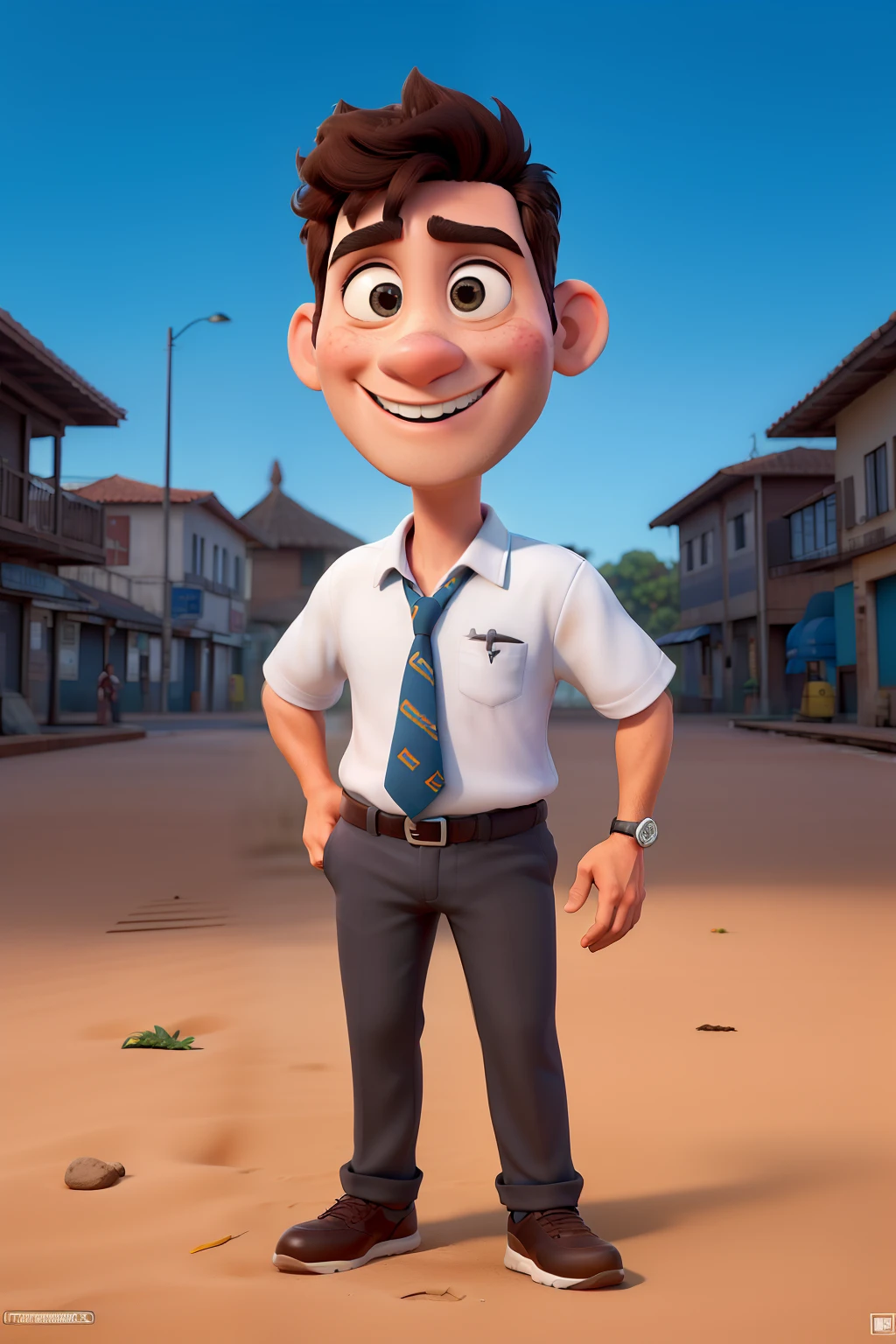 Uma capa de filme estilo pixar/Disney com rapaz de corpo robusto, treinador de futsal , com uma prancheta e aparentemente tenso, nome do filme o jovem treinador, com uma quadra ao fundo