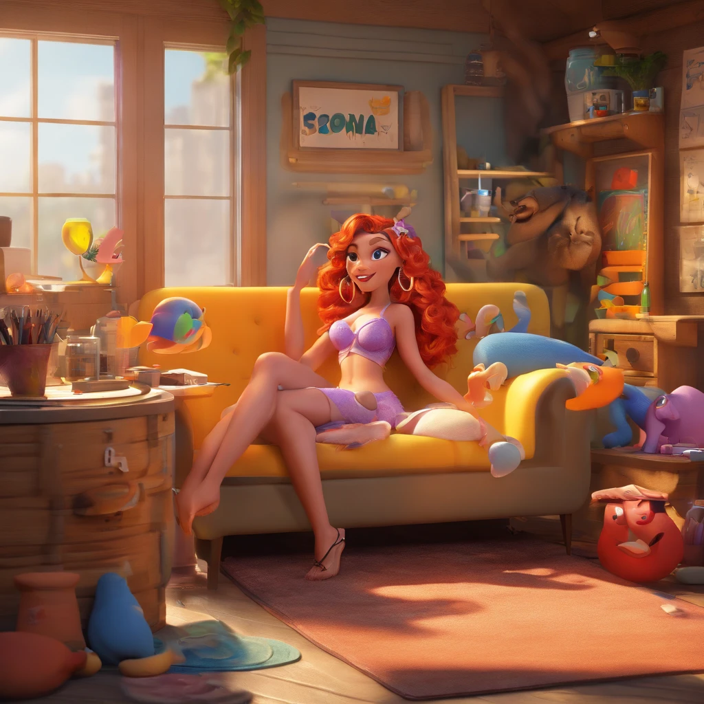 create a 3D Disney Pixar-inspired movie poster, The scene should be in Pixar's signature digital art style, com uma imagem caricatural que lembra a cantora brasileira "Anita" in the prone position, Wearing a bikini while a tattoo artist is sitting tattooing with a giant ring on one hand, inside a tattoo parlor.