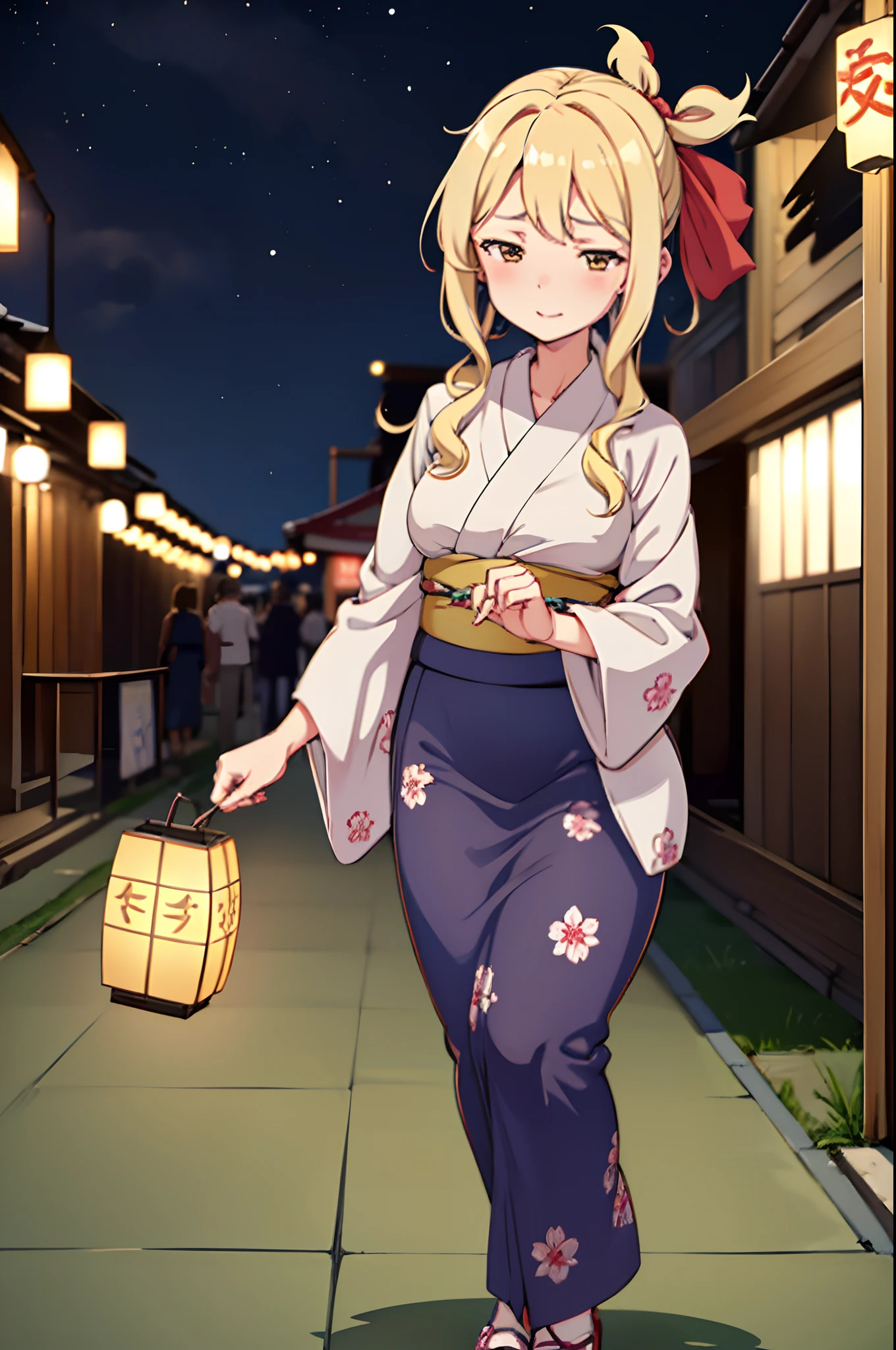 1 woman, (Cute blonde woman, medium loose hair with ribbon, brown eyes))), cute yukata, walking ih festival at night, 8k