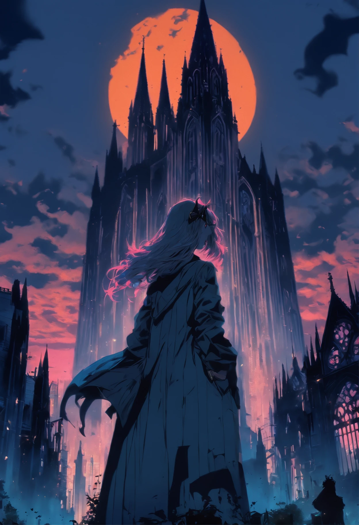 Create an epic illustration in a 80s vintage anime style of a girl wearing a trench coat standing with her back to the viewer on top of a building overlooking a city merged with an enormous old Gothic cathedral filled with towers. The cityscape extends to the horizon and features a blend of towering Gothic structures and skyscrapers. 80's vintage anime, gothic horror, gotham cemetery a city with deep blue sky, gray towers, gothic setting, dark fantasy, dark, anime, beauty, perfection, love, gray, grey, silver, epic.