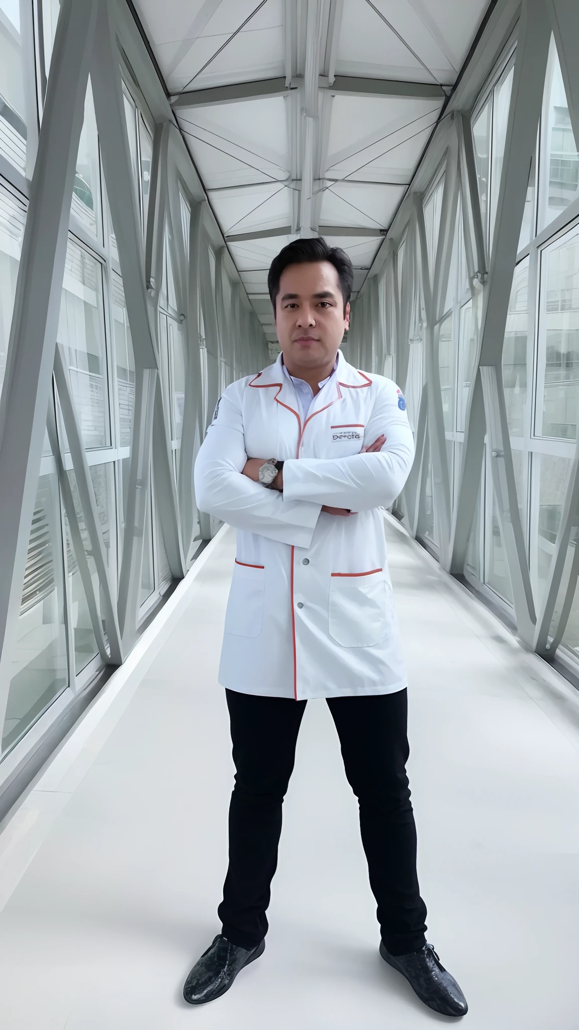 Man in white coat standing on a catwalk with arms crossed, foxish guy in a lab coat, vestindo jaleco, com jaleco, usando jaleco, Bao Pham, vestindo um jaleco branco, wearing lab coat and glasses, medic, usando jaleco, jaleco e camiseta, vestindo jaleco e blusa