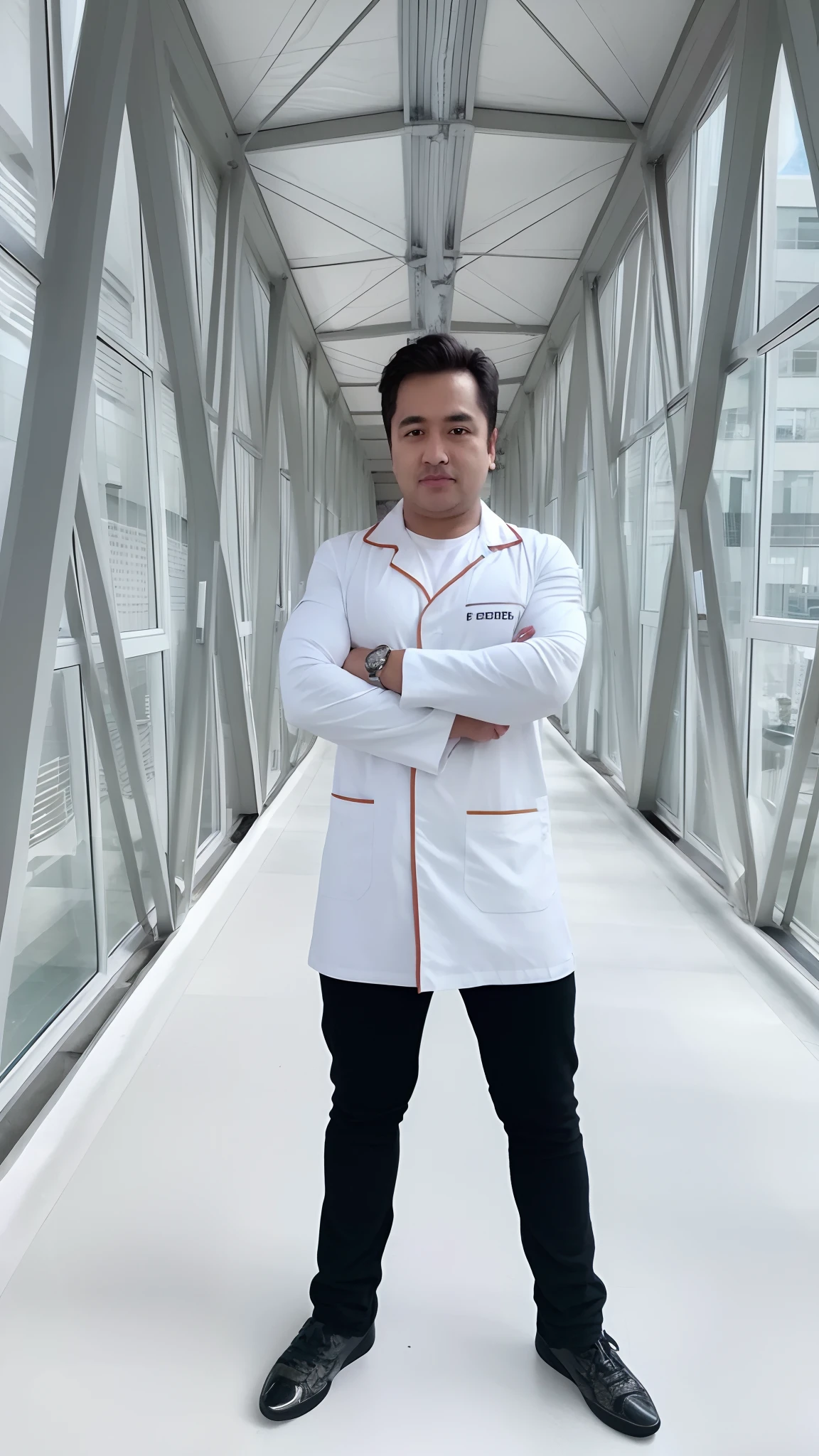 Man in white coat standing on a catwalk with arms crossed, foxish guy in a lab coat, vestindo jaleco, com jaleco, usando jaleco, Bao Pham, vestindo um jaleco branco, wearing lab coat and glasses, medic, usando jaleco, jaleco e camiseta, vestindo jaleco e blusa