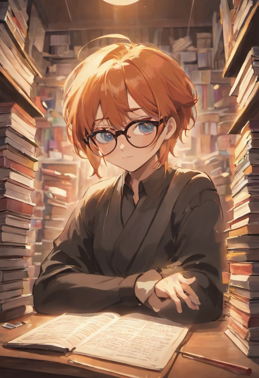 home com barba, cabelos cacheados e olhos grandes, inspirado na Disney Pixar, Wearing glasses in an office with a book on the desk looking to the serious future, professor, cabelos pretos, camiseta de anime