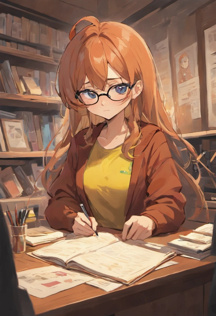 home com barba, cabelos cacheados e olhos grandes, inspirado na Disney Pixar, Wearing glasses in an office with a book on the desk looking to the serious future, professor, cabelos pretos, camiseta de anime