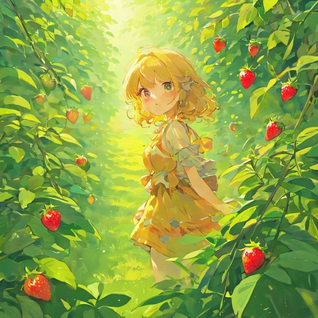 ultra detailed, realistic, no human, wide shot of strawberry fields, vibrant colors, golden sunlight, lush greenery, ripe and juicy strawberries, bumblebees buzzing around, morning dew on the leaves, fresh scent in the air, overflowing baskets of strawberries, perfect blue sky, endless rows of strawberry plants, idyllic countryside, peaceful ambience