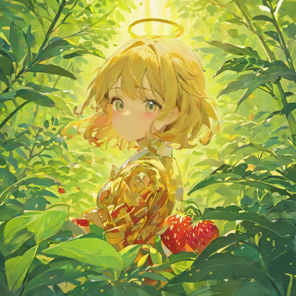 ultra detailed, realistic, no human, wide shot of strawberry fields, vibrant colors, golden sunlight, lush greenery, ripe and juicy strawberries, bumblebees buzzing around, morning dew on the leaves, fresh scent in the air, overflowing baskets of strawberries, perfect blue sky, endless rows of strawberry plants, idyllic countryside, peaceful ambience