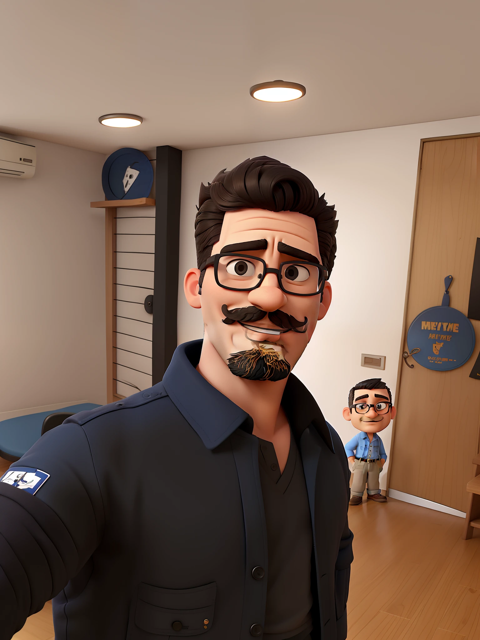 There's a man and a jacket posing for a picture, Foto de perfil do headshot, foto do perfil, with glasses and goatee and moustache, and entrance on the head short hair inspired by Christopher Williams, Cartoon in blue shirt and black pants, arms crossed, olhando para frente e sorrindo com os dentes aparecendo;
