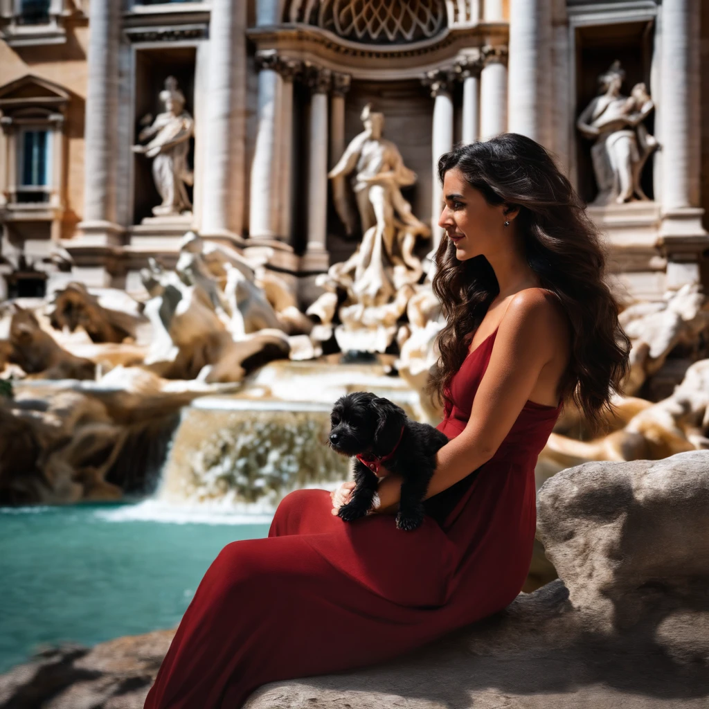 um mulher do cabelo vermelho na fontana de trevi com um cachorro preto do lado