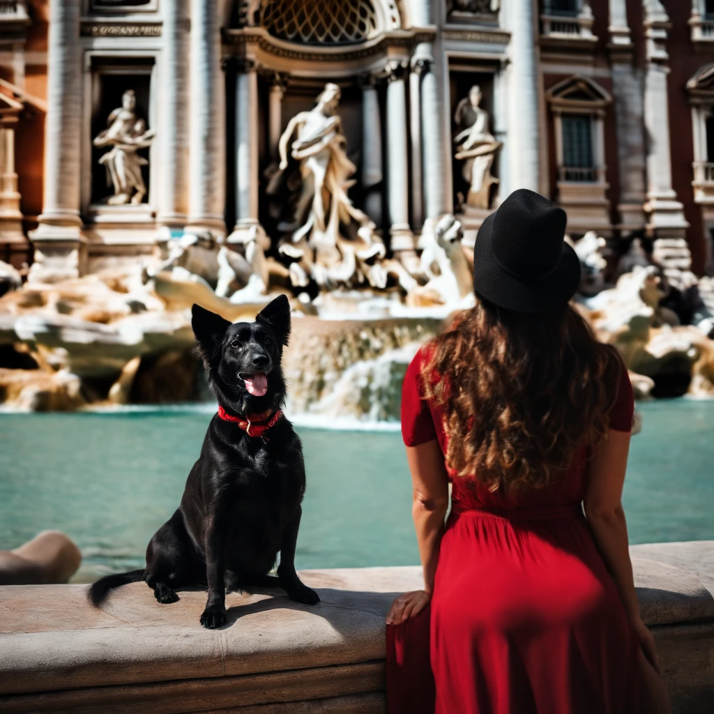 um mulher do cabelo vermelho na fontana de trevi com um cachorro preto do lado