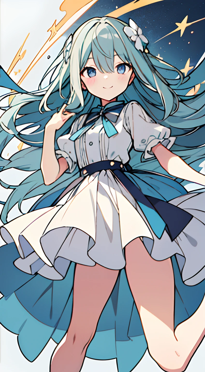 masuter piece, Best Quality,32K、Wallpaper, ultra -detail, Absurd beauty, 1beautiful girl、Big crisp eyes、Hair fluttering in the wind、Slender legs、Make your head smaller、miscievous smile、Angle looking up from below:1.5、♡♡♡、(Poses in motion)、thighs thighs thighs thighs