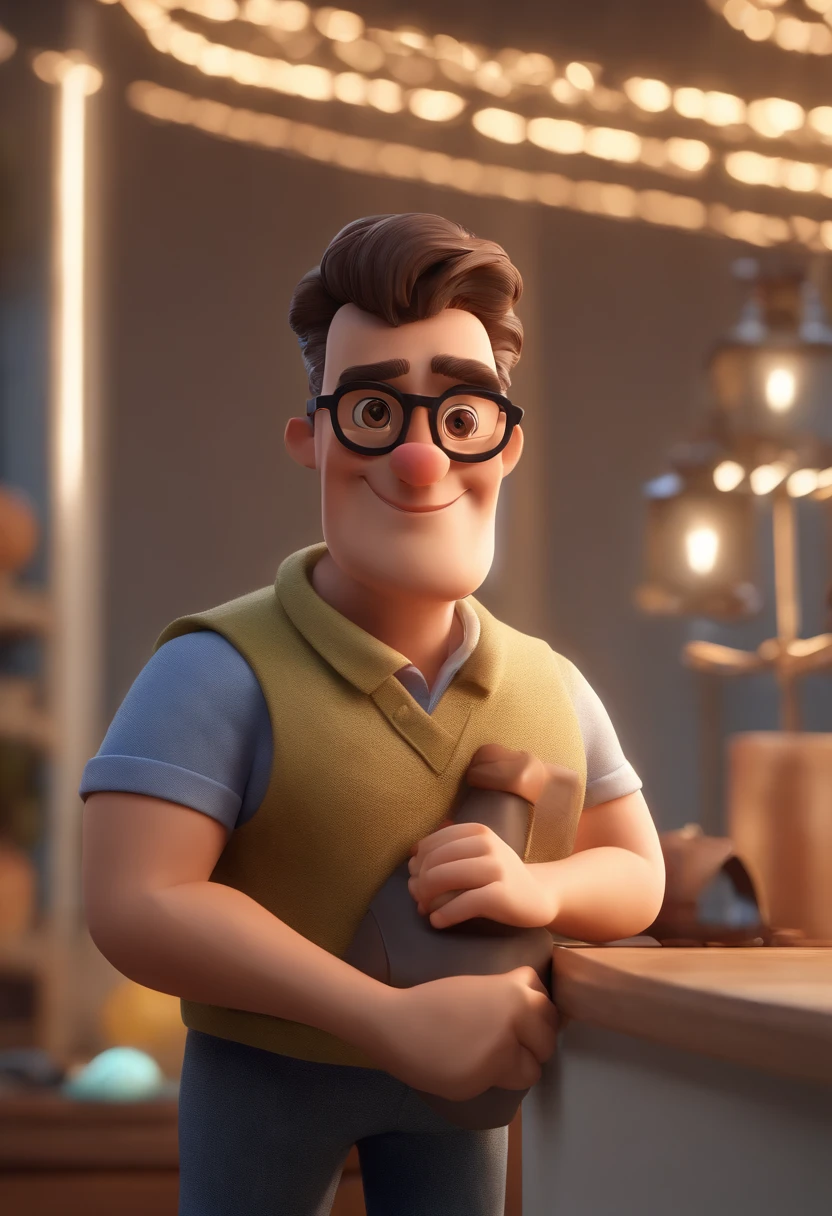 Cartoon character of a man wearing black glasses and a blue shirt, um personagem animado, Caractere estilizado, animation style rendering, 3D estilizado, Arnold Maya render, 3 d render stylized, toon render keyshot, Personagem 3D, Personagem 3D, 3d rendering stylized, 3 d character render, personagem de desenho animado, Personagem de close up, Pose de personagem, (Estilo Pixar) (master part:1.2) (Bokeh) (best quality) (pele detalhada) (textura detalhada) (8k) (argila) (Cinematic lighting) (foco nítido,Senta e vaza a parte superior do corpo, Indicated hand finger too large, medic, Consulting Behind, corpo inteiro