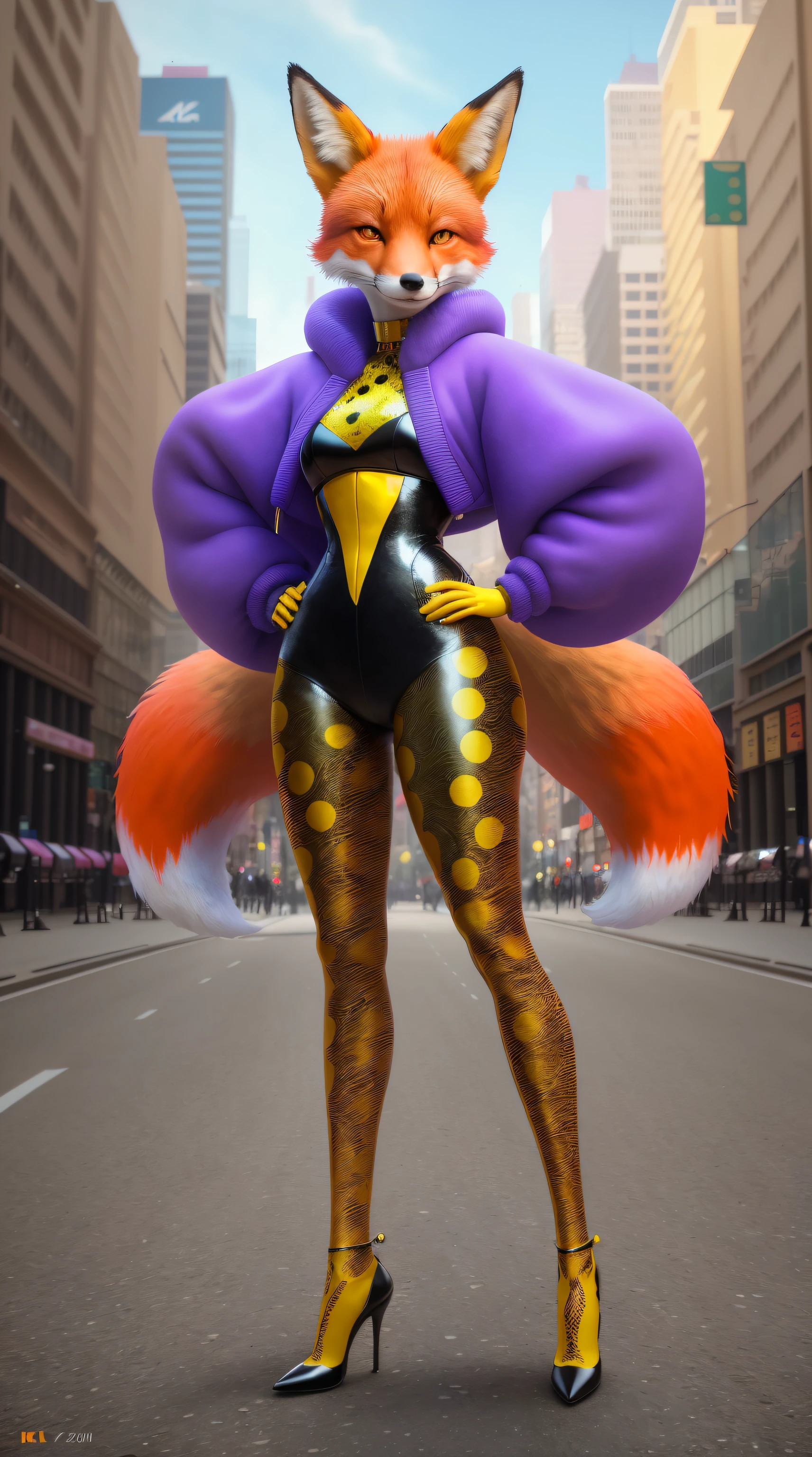 1 beautiful fox anthropomorphized, (Colorful fashion heels),Stand in the middle of an empty city, concept-art, Vivid colors, trending on artstationh, (Yayoi Kusama's pop art style), Intricate, high-density imaging review, Ultra-high definition, Studio lighting,physically-based renderingt, .(Best quality,4K,8K,A high resolution,Masterpiece:1.2),(Realistic,Photorealistic,photo-realistic:1.37).