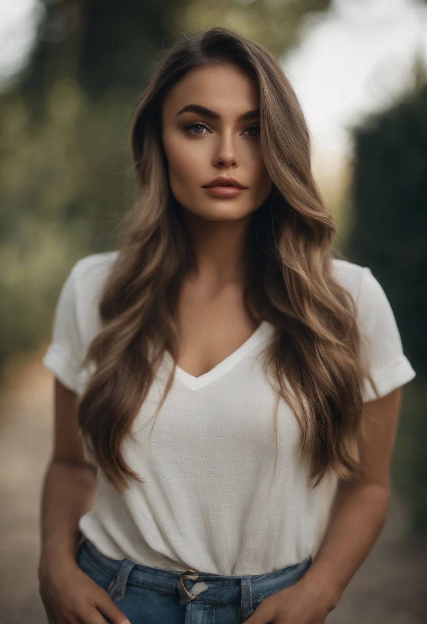 Woman in a T-shirt and sans-culotte , Sexy girl with brown eyes, portrait sophie mudd, brown hair and large eyes, selfie of a young woman, Chamber eyes, violet myers, no makeup, natural makeup, looking straight at camera, face with artgram, fine makeup, Excellent full-length photography, cleavage, sitting at a table
