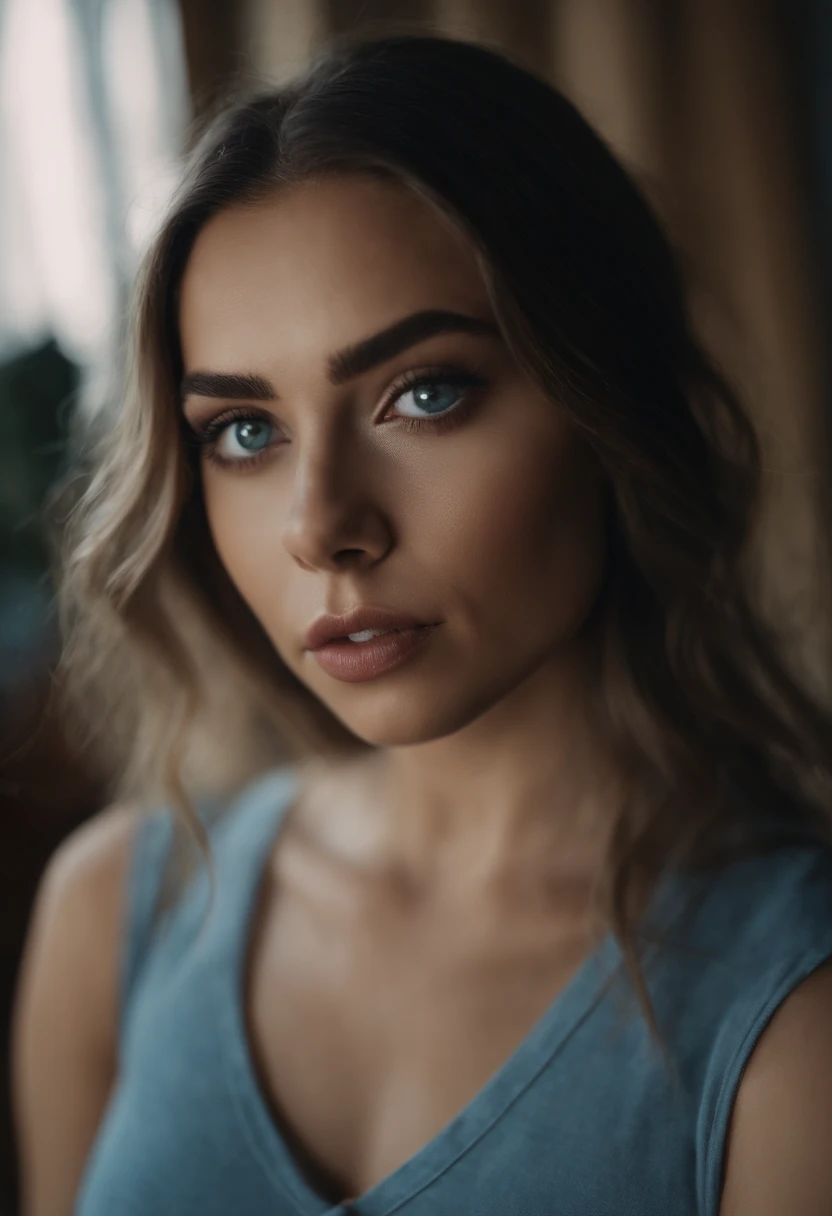 Mujer con camiseta con mangas y bragas a juego, Chica sexy con ojos azules, Retrato Sophie Mudd, Retrato de Corinna Kopf, cabello rubio y ojos grandes, selfie de una mujer joven, Eyes in the room, Violeta Myers, Maquillaje OHNE, Maquillaje natural, looks directly at camera, Cara con Artgram, dezentes Maquillaje, Gran foto de cuerpo entero, in the room, Fission.