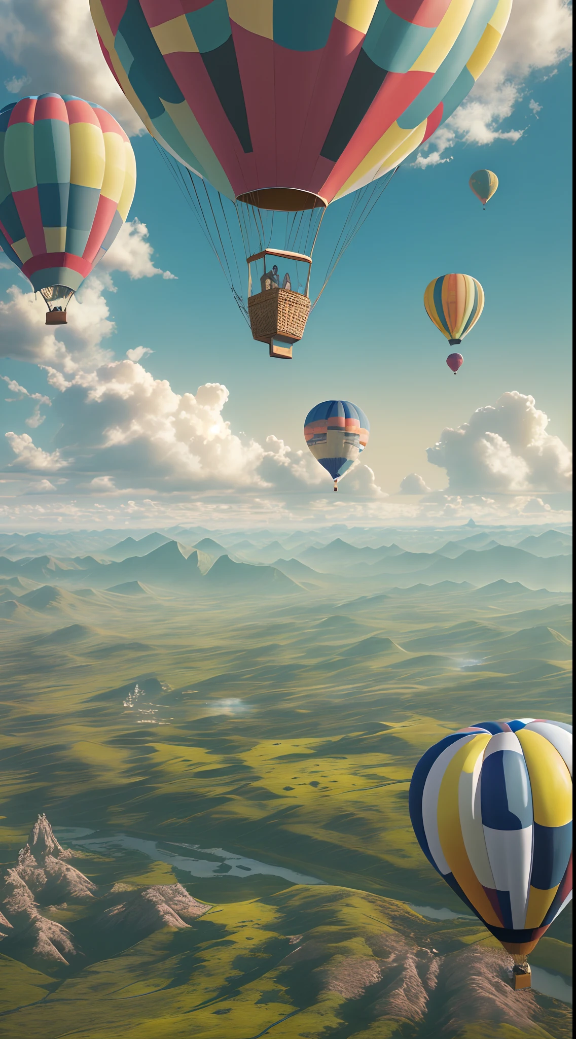 (highres:1.2),(realistic:1.37),hot air balloons,floating in the sky,illuminated by the golden sunlight,vivid colors,dreamlike atmosphere,beautiful landscapes,colorful patterns,puffy clouds,mesmerizing view,peaceful and serene,horizon stretching for miles,gentle breeze on the face,nostalgic vibes,joyful adventure,majestic flight,suspended in air,lifting spirits,breathtaking spectacle