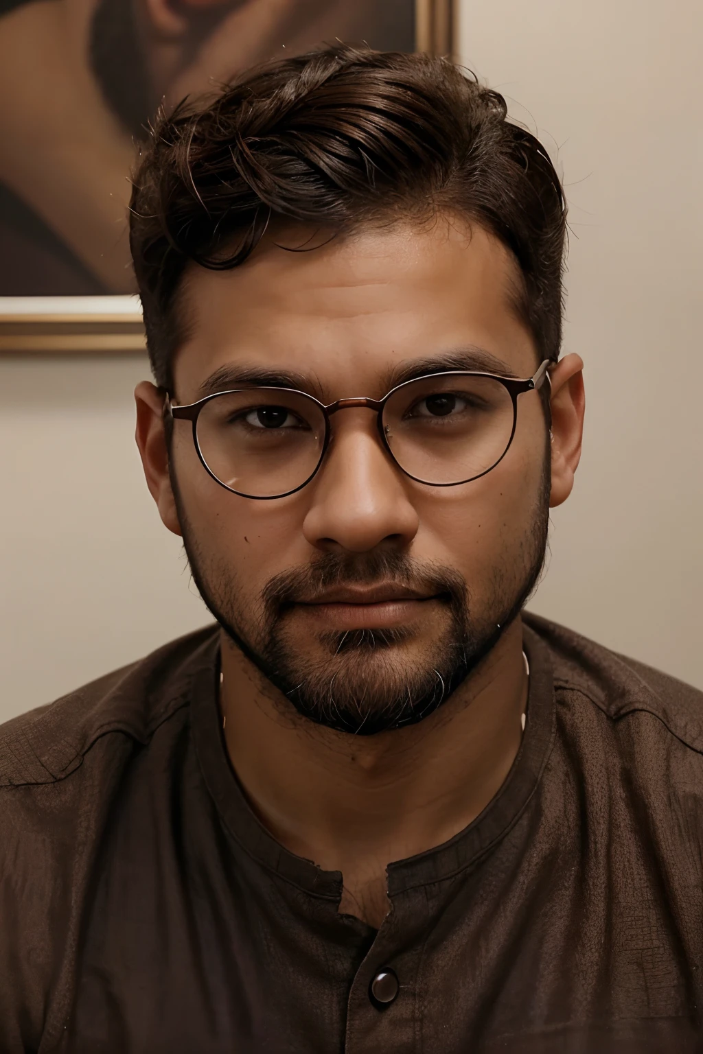 (Close-up, editorial photograph of a 31-year-old man, wears prescription glasses, has a beard, brown skin color and a round face, has expressions on his face, small eyes and ears, wears his hair in a dark brown pompadour style) ,