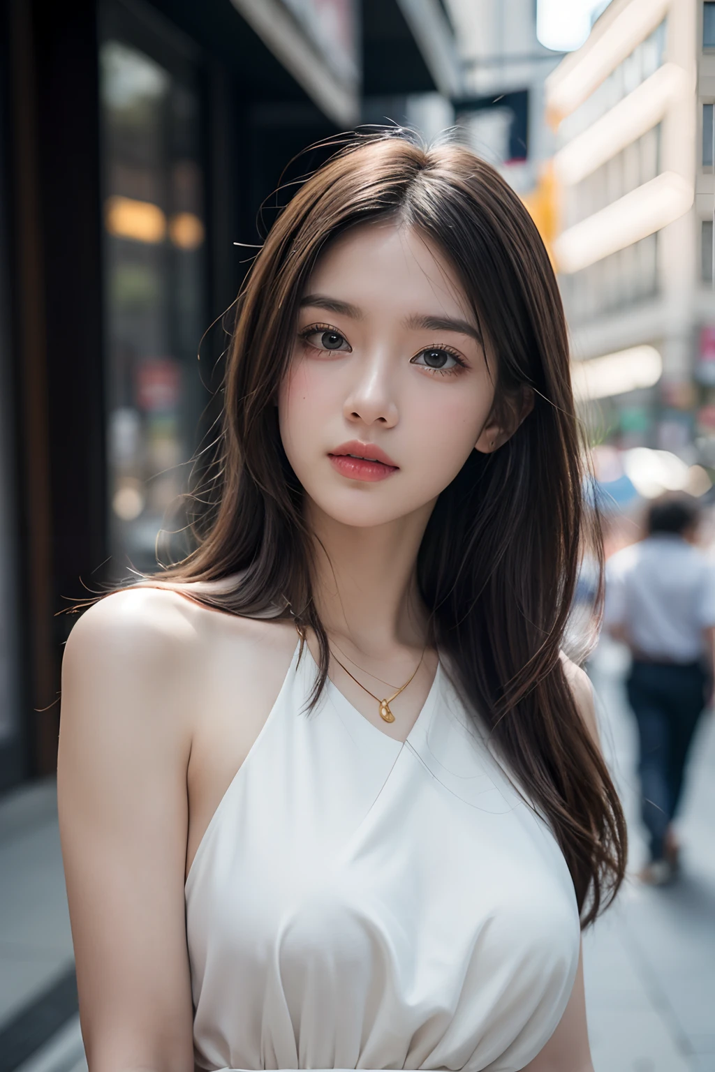 (Best Quality, 8K, 32 k, Masterpiece, UHD:1.2), Photorealistic:1.37,Photo Masterpiece, Best Quality, Raw foto, UHD, 1Girl, Long hair, Glitter Hair,Brown hair, captivating, White dress, [Messy Half Ponytail|bobcut] The middle_parting_Hairstyles, looking up at viewer, In the street, intriciate detail, detailed background, Detailed skins, pore, high resolucion, HDR, looking up at viewer, from frontal, Whole-body focus, Street Snap, Depth of field, detailed details, Anatomically accurate., (Photorealistic, BAPV:1.3), (Upper body from waist frame:1.2), Renaissance background, natural lighting, golden_ratio, Shot with Kodak Vision3 IMAX, fujicolor_because_film