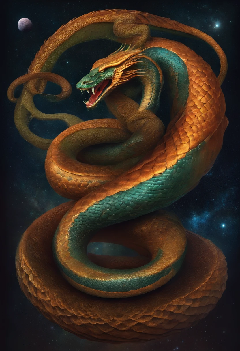 The god of the universe in the form of a multi-headed serpent, Curl up on multiple planets frontage