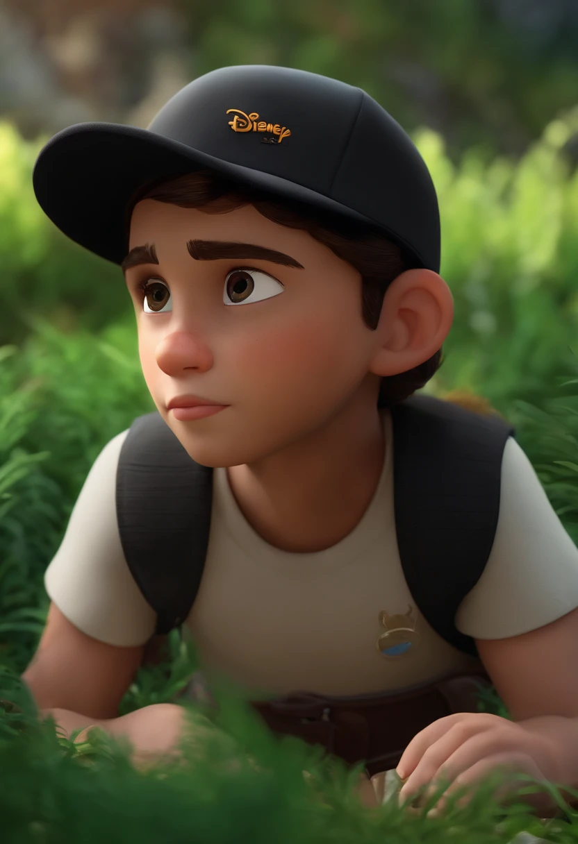 Crie um jovem branco e magro, com cabelo preto cortado,vcom camisa gola polo preta, with a black cap, sorrindo, With a background of natureback, in the 3D version of Disney pixar