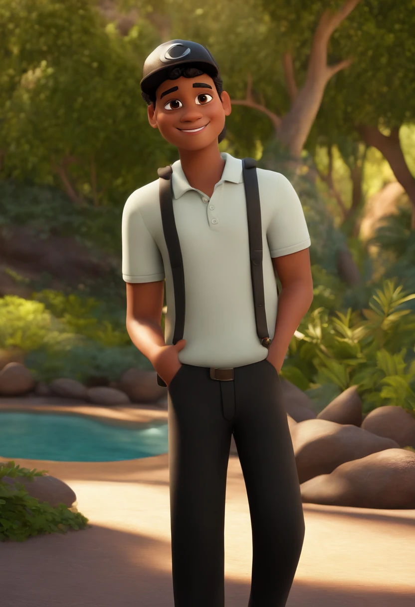 3D poster inspired by Disney/Pixar capturing a scene with the title "VITOR" a young 14 year old boy with very little beard that focuses only on his soul patch chin, black razor fade hair, white shirt, short white shorts and a white sneakers with a concealer symbol.