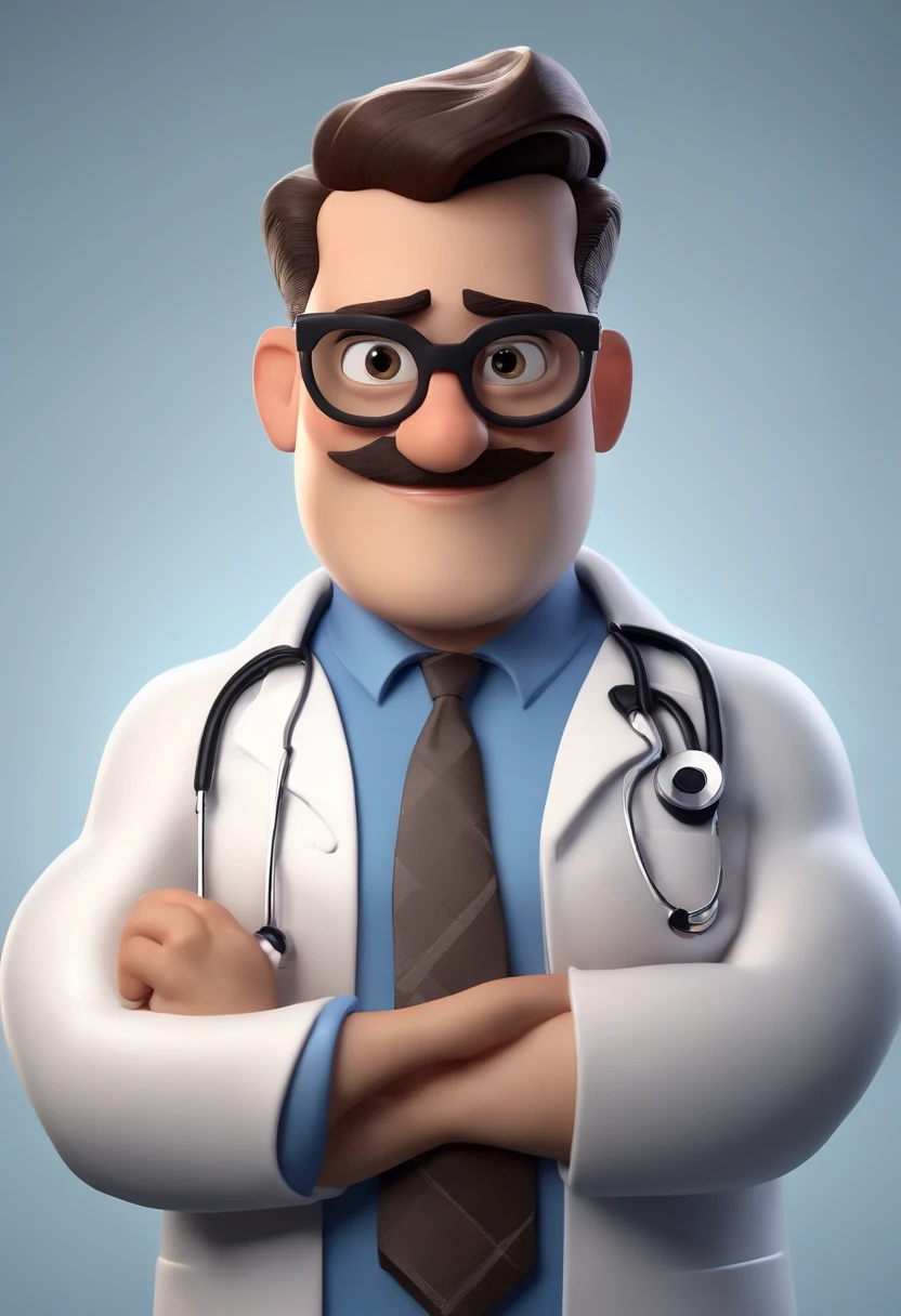 Cartoon character of a man wearing black glasses and a blue shirt, um personagem animado, Caractere estilizado, animation style rendering, 3D estilizado, Arnold Maya render, 3 d render stylized, toon render keyshot, Personagem 3D, Personagem 3D, 3d rendering stylized, 3 d character render, personagem de desenho animado, Personagem de close up, Pose de personagem, (Estilo Pixar) (master part:1.2) (Bokeh) (best quality) (pele detalhada) (textura detalhada) (8k) (argila) (Cinematic lighting) (foco nítido，Sits and empties upper body in an ENT doctor's office with a beard and mustache