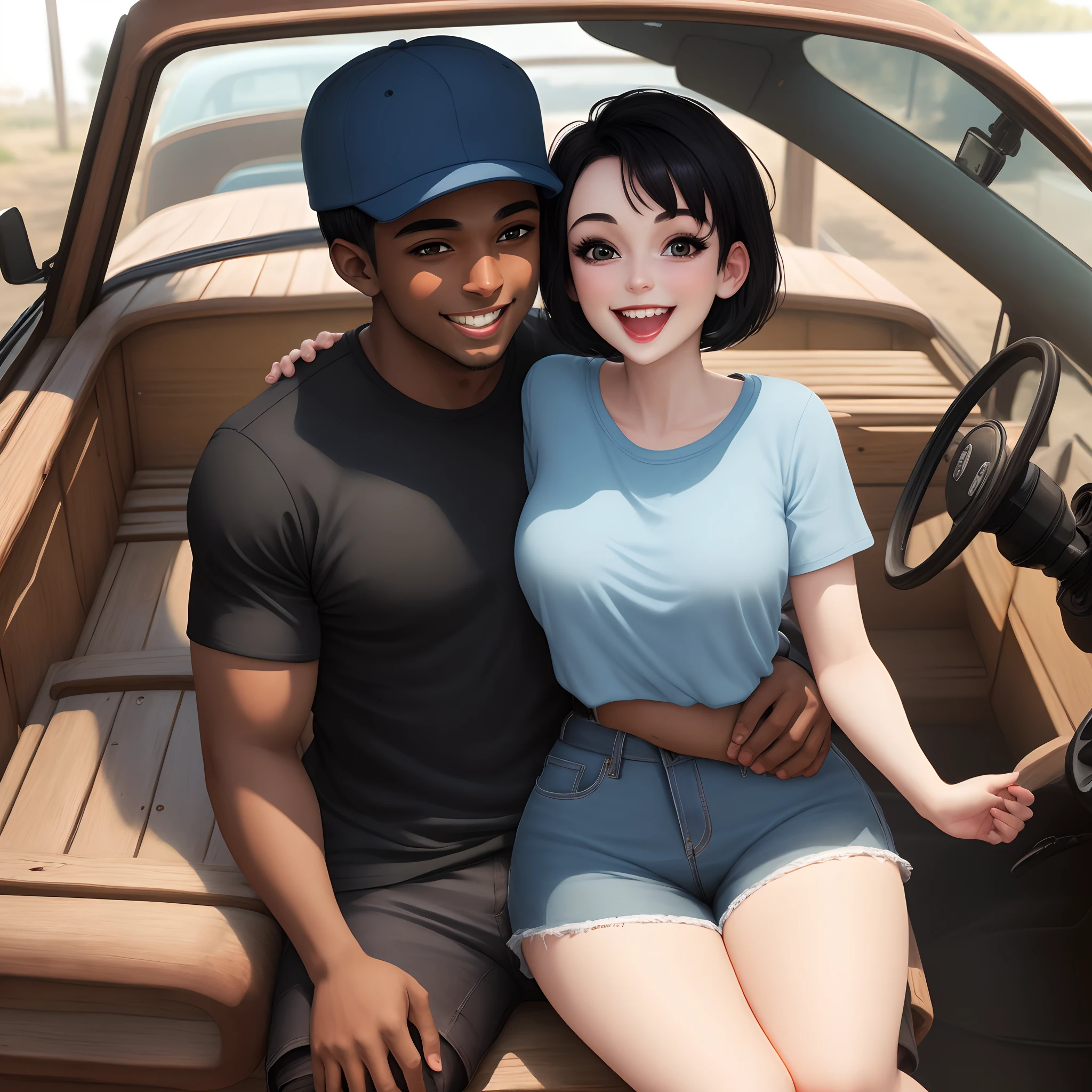 light brunette woman short black hair round face big eyes full mouth thin waist big ass in thin blue shorts and black blouse sitting on the lap of a strong dark-skinned man in a cap with a happy face inside an old wooden pickup truck