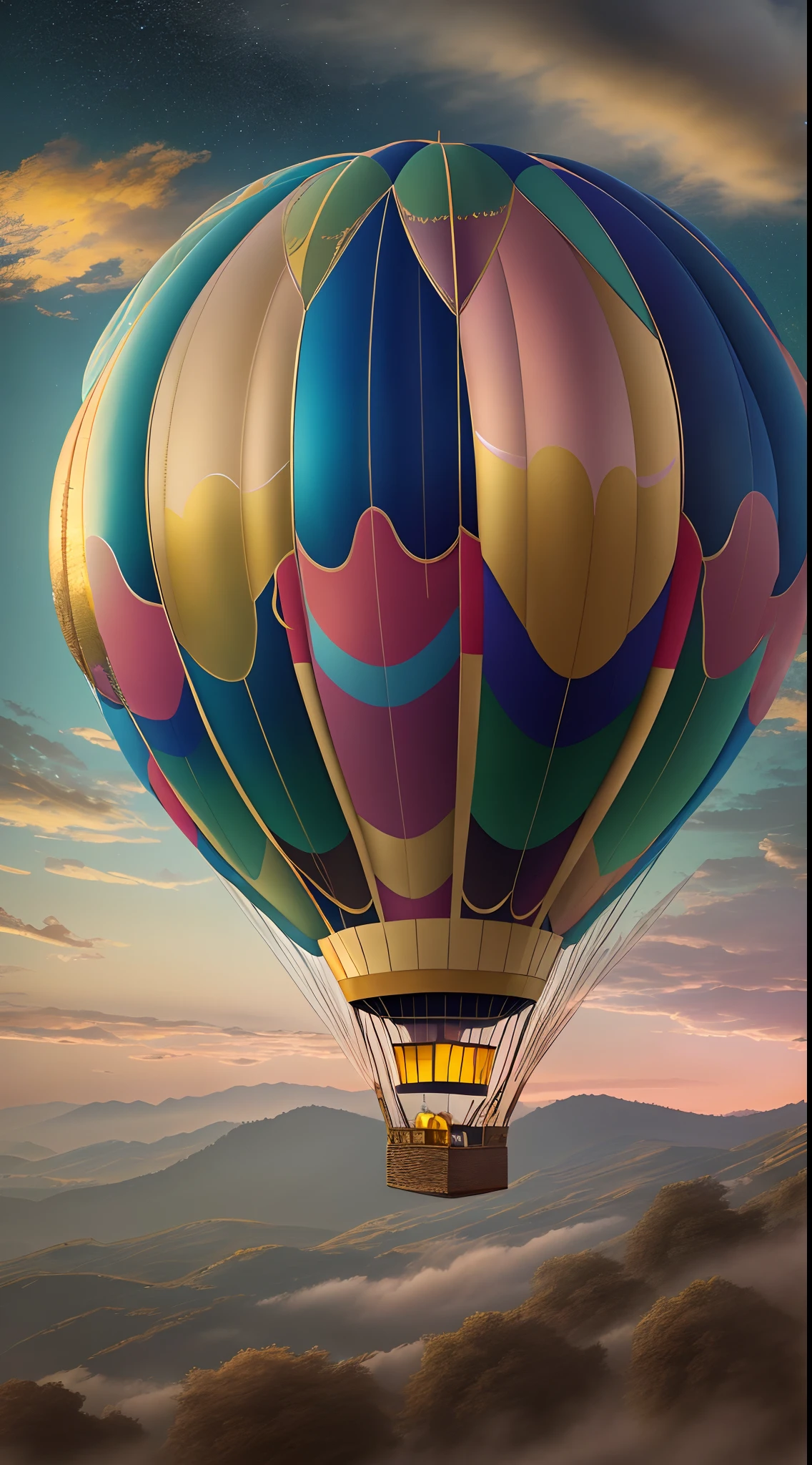(best quality,4k,8k,highres,masterpiece:1.2), ultra-detailed, realistic:1.37, vivid colors, HDR, luxury hot air balloon floating in the sky, golden glow, mesmerizing scenery, breathtaking view, sparkling fabric, intricate details, enchanting sunset, whimsical clouds, panoramic landscape, dreamlike atmosphere, graceful movement, majestic presence, ethereal adventure, magical journey, glamorous experience, gentle breeze, picturesque backdrop, opulent design, exquisite craftsmanship, radiant glow, opalescent hues, golden hour, serene horizon, floating above the clouds, tranquil escape, luxurious escape, peaceful ambiance