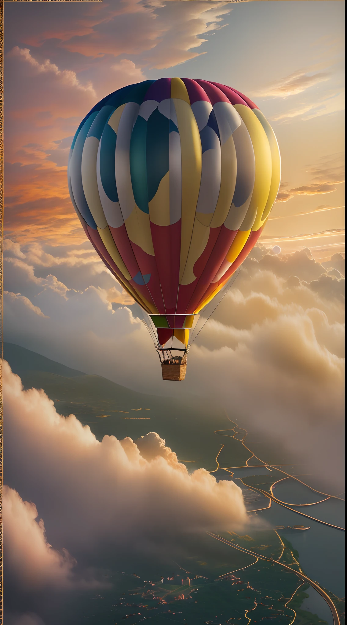 (best quality,4k,8k,highres,masterpiece:1.2), ultra-detailed, realistic:1.37, vivid colors, HDR, luxury hot air balloon floating in the sky, golden glow, mesmerizing scenery, breathtaking view, sparkling fabric, intricate details, enchanting sunset, whimsical clouds, panoramic landscape, dreamlike atmosphere, graceful movement, majestic presence, ethereal adventure, magical journey, glamorous experience, gentle breeze, picturesque backdrop, opulent design, exquisite craftsmanship, radiant glow, opalescent hues, golden hour, serene horizon, floating above the clouds, tranquil escape, luxurious escape, peaceful ambiance